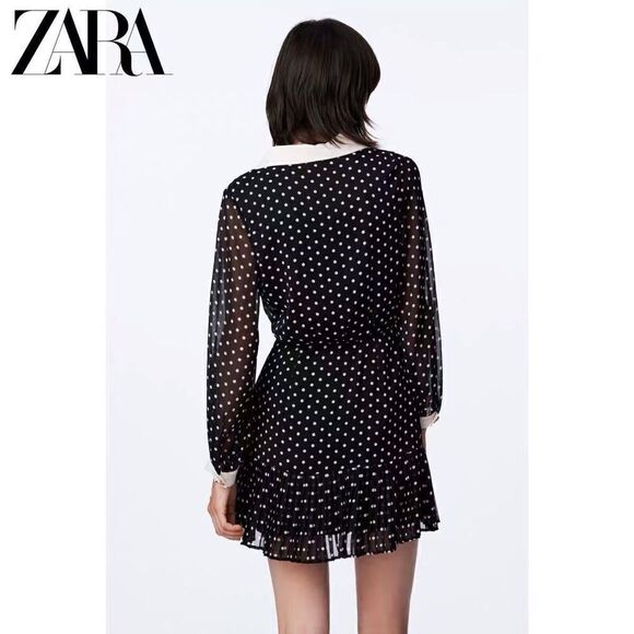 Zara Polka Dot Mini Black White Dress Collar Size S - Picture 4 of 11